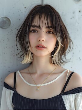 ムウ 難波(MOU) ナチュラルボブワイドバングホワイトブロンド外はね美髪20代30代