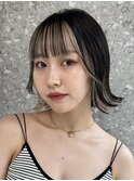 インナーカラーベージュショートボブ黒髪ボブ前髪インナーカラー