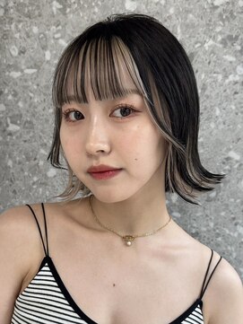 サンク 原宿 表参道(cinq) インナーカラーベージュショートボブ黒髪ボブ前髪インナーカラー