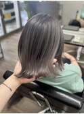 切りっぱなしボブ外ハネ大船駅鎌倉白髪ぼかし脱白髪染め