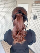 ポニーテール　ヘアセット　ベロアリボン　結婚式ヘア