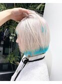 ハイトーンホワイトエンドカラーターコイズブルーボブ