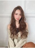 小顔セミウェットウェーブピンクベージュハイライトカラー