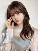 ミニウルフ前髪パーマ韓国くびれミディアムチェリーブラウン