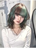 ミントグリーン/ブラウンアシンメトリーブロックデザイン