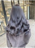 アッシュブルーロングレイヤーカットブリーチなしダブルカラー