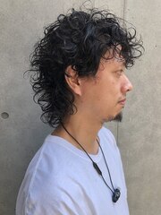 men's mulletマッシュパーマウルフアッシュブラックカルマパーマ