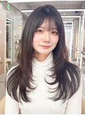 グレージュブラウン/ミディアムレイヤー/韓国巻き/顔周りカット
