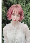 ピンクボブにラフウェーブ♪藤沢　小顔　外ハネ　くせ毛風パーマ