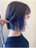 ダークグレー×ブルービビッドカラー/切りっぱなしボブ/熊本