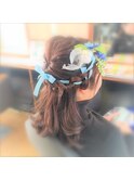 ハーフアップ　リボン編み込み