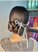 【リボンアレンジ】結婚式銀座お団子カチモリタイトヘアセット