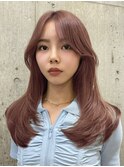 ミルクティーピンクグレージュミディアムウルフレイヤー長めボブ