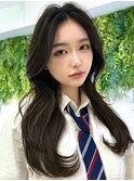 美髪カールブルーブラック韓国レイヤーロングセミディ顔周り前髪