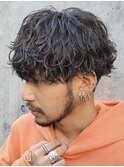 メンズマッシュウルフ波巻きスパイラルパーマセンターパート原宿