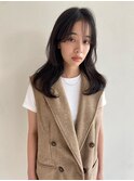 くびれヘアアプリコットオレンジハイライトカラーセミロング
