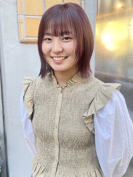 ラミエバイメルト 下北沢(lamie by melt) 外ハネくびれボブ顔まわりレイヤー小顔暖色ピンクブラウン/毛利