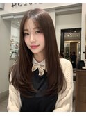 小顔薄めバンググレージュレイヤーロング前髪パーマ黒髪