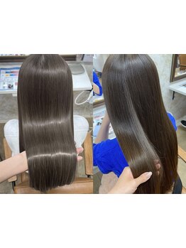 超高濃度水素ケアカラーが傷みによるうねりを抑えて驚く輝きと艶が◎髪質改善TRと合わせたら最強のタッグ♪