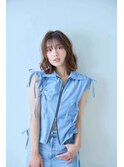くびれヘアハイライトカラーミルクティーグレージュセミロング