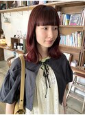 ピンクレッドカラー ブリーチなし ワイドバング担当渡辺聖
