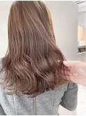 小顔セミウェットウェーブピンクベージュハイライトカラー