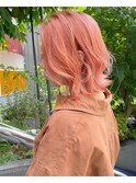 オレンジポップ_ブリーチオンカラー_鎖骨ミディアム_ボブウルフ