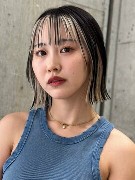 サンク 原宿 表参道(cinq) インナーカラーベージュショートボブ黒髪ボブ前髪インナーカラー