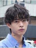 難波シャドウパーマメンズマッシュウルフカット波巻きパーマ色気