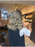 バレイヤージュ、ハイライト、レイヤーロング、グレーベージュ