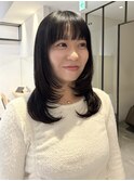 グレージュブラウン/ミディアムレイヤー/韓国巻き/顔周りカット
