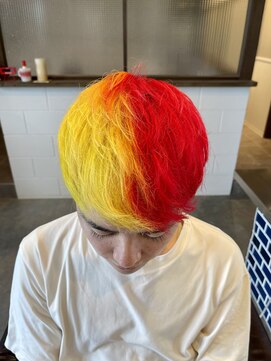 西本整髪 ブリーチ　セパレート　レッド　イエロー　マッシュ