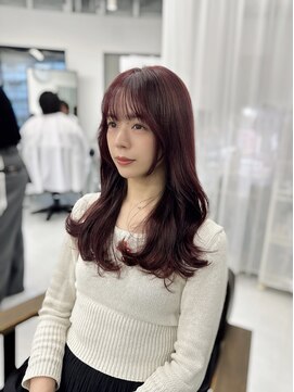 ハピネス 梅田茶屋町店(HAPPINESS) レイヤーロング/顔周りカット/ピンクベージュ/カシスピンク