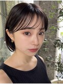 ＋切りっぱなしボブルフ/黒髪ネビージュ/小顔ワンレン/縮毛矯正