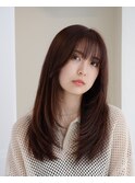 レイヤーカットミニウルフロング30代40代前髪チェリーブラウン
