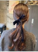 タイトポニー×リボンアレンジ◎結婚式二次会/パーティーヘア