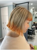 ストレートミニボブ☆ミルクティーベージュに裾カラーオレンジ