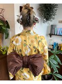 和装浴衣ヘアセットツインお団子可愛い20代30代