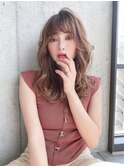 小顔セミウェットウェーブピンクベージュハイライトカラー