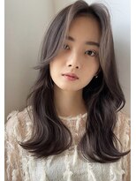 セミロングレイヤーカット小顔セミディワンレン外ハネグレージュ