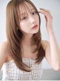 韓国風フェイスレイヤーシースルーバングココアベージュ艶ロング