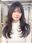 グレージュブラウン/ミディアムレイヤー/韓国巻き/顔周りカット