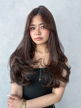 オリーブグレー韓国ヘアロング顔周りレイヤー小顔_F40921