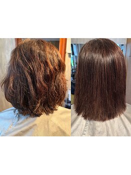 髪質やクセを見極めた施術で、扱いやすくまとまる美髪に！ダメージレスで自然なツヤのある仕上がりが人気♪