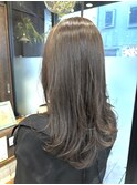 ロングショートワンカールパーマカーキグレージュ前髪錦糸町