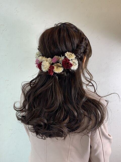 二次会ハーフアップヘアセット★結婚式グレージュフェアリー