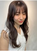 ウェーブミディアムショートボブ 前髪なしブリーチなしカラー