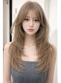 小顔◎ミルクティーベージュロングレイヤーカット顔周りカット