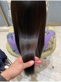 大人美人ダークショコラぱっつん前髪黒髪ロングワイドバンク