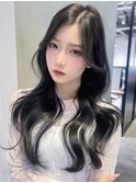 顔周りレイヤー黒髪小顔ロング韓国ヘア_F20866